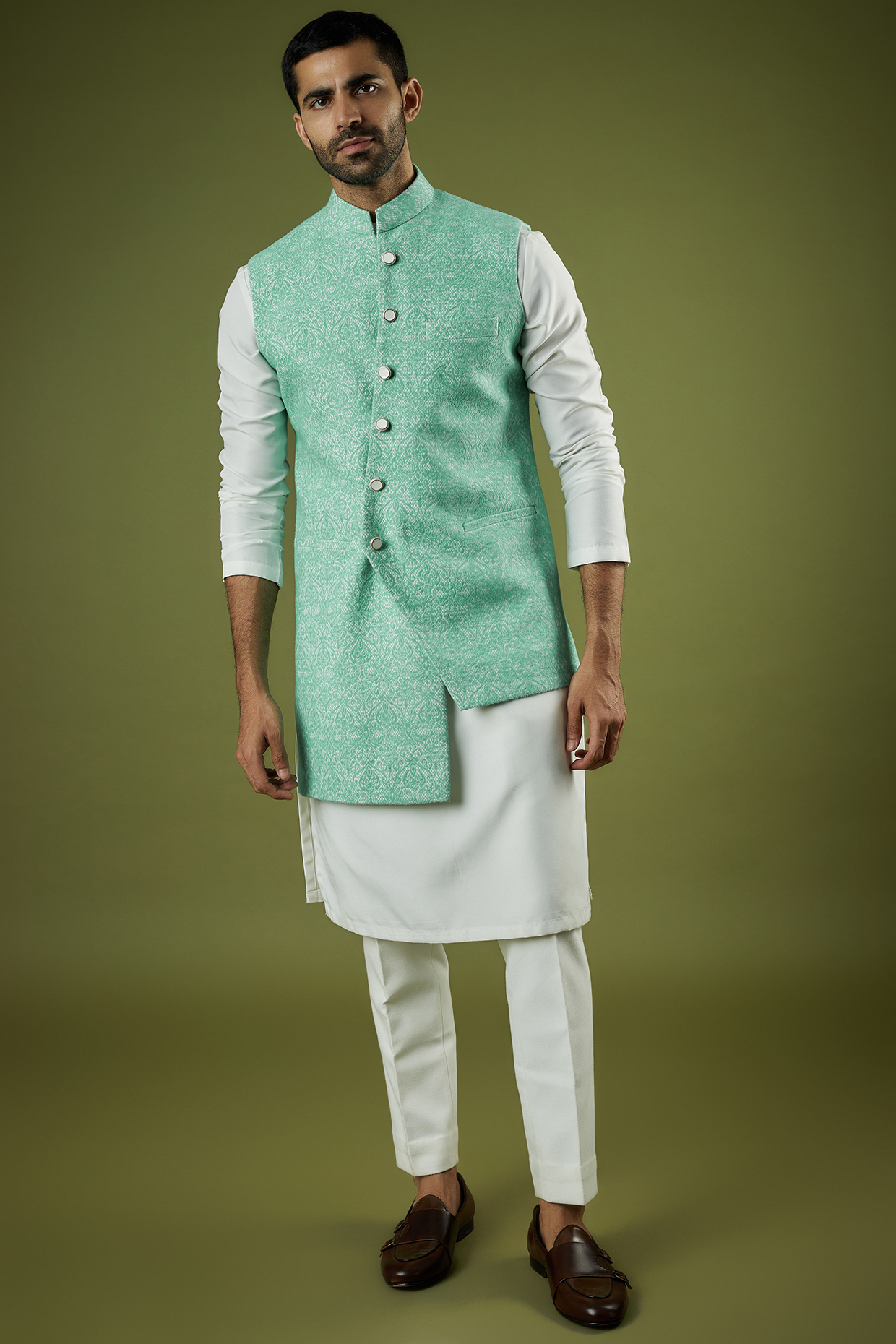 Light Green Jacquard Asymmetric Bundi Jacket Set by Prima Czar