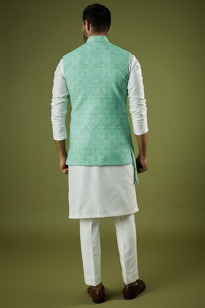 Light Green Jacquard Asymmetric Bundi Jacket Set by Prima Czar at Pernia's Pop Up Shop