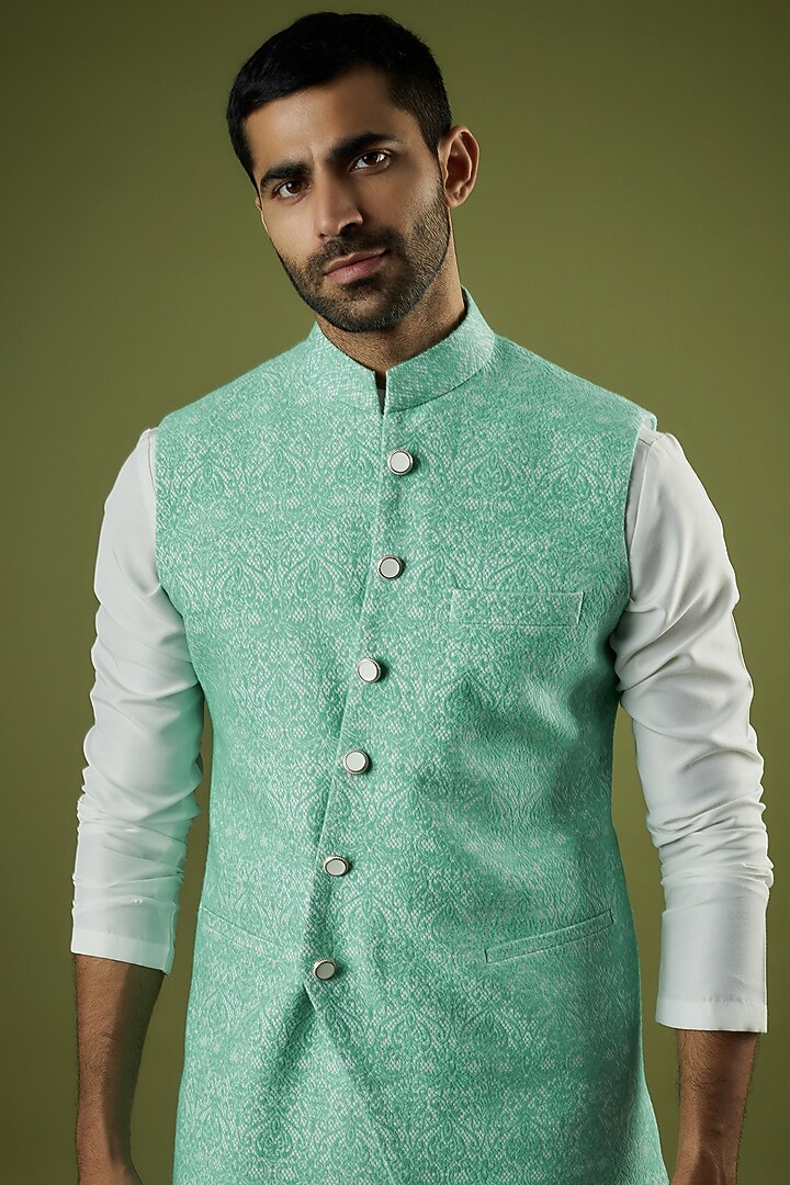 Light Green Jacquard Asymmetric Bundi Jacket Set by Prima Czar at Pernia's Pop Up Shop