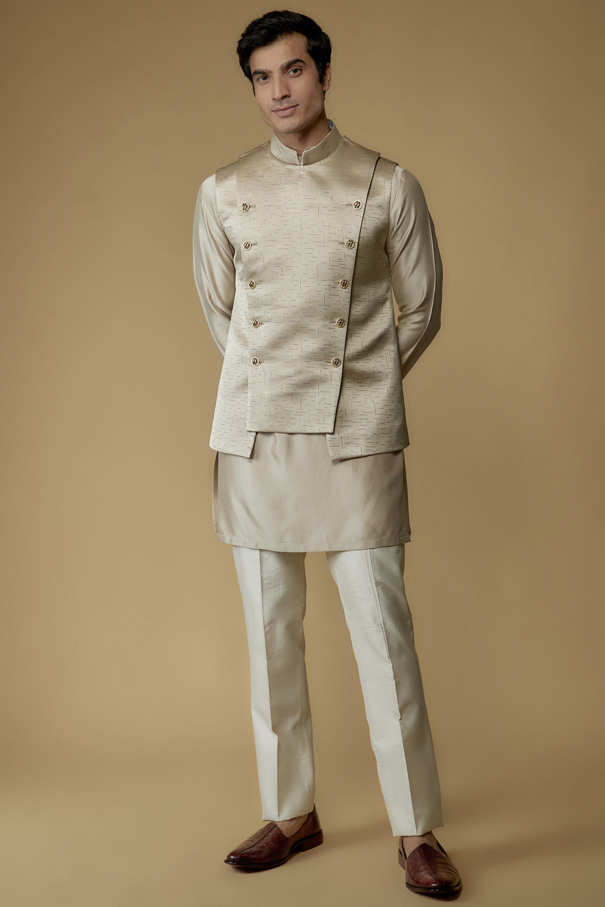 Beige Jacquard Bundi Jacket Set by Prima Czar