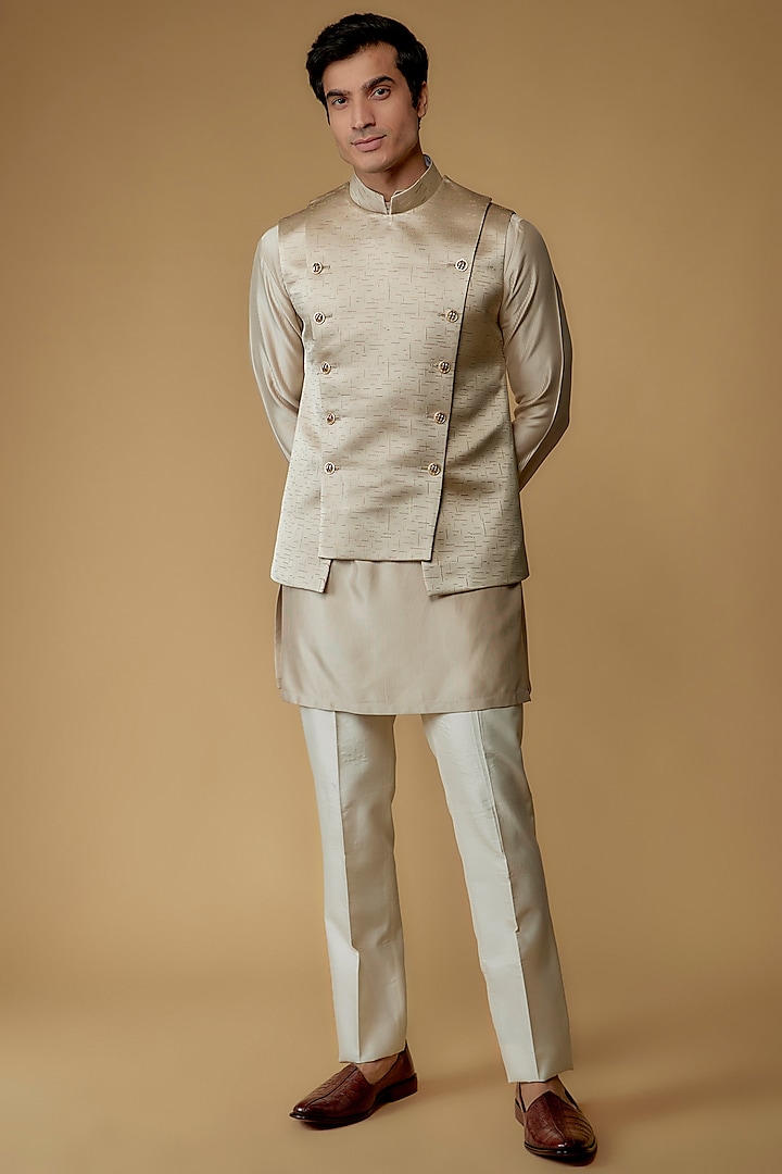 Beige Jacquard Bundi Jacket Set by Prima Czar