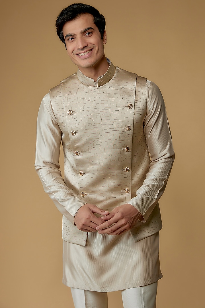 Beige Jacquard Bundi Jacket Set by Prima Czar at Pernia's Pop Up Shop