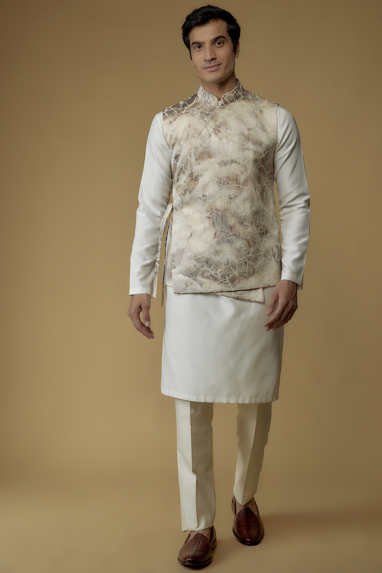 Beige Jacquard Bundi Jacket Set by Prima Czar
