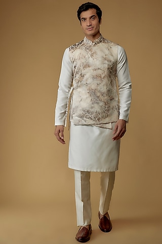 Beige Jacquard Bundi Jacket Set by Prima Czar