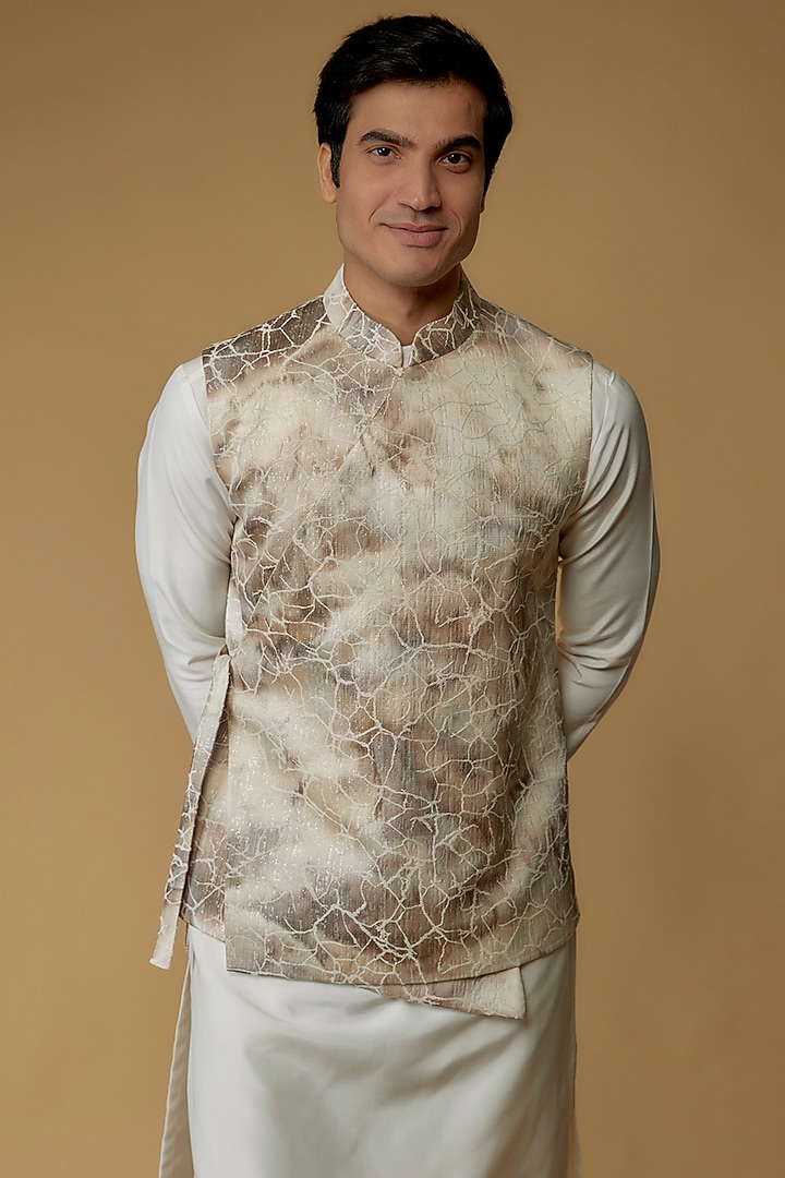 Beige Jacquard Bundi Jacket Set by Prima Czar at Pernia's Pop Up Shop