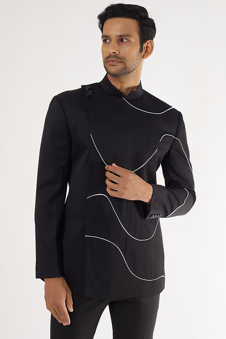 Black Wool Bandhgala Jacket by Prima Czar