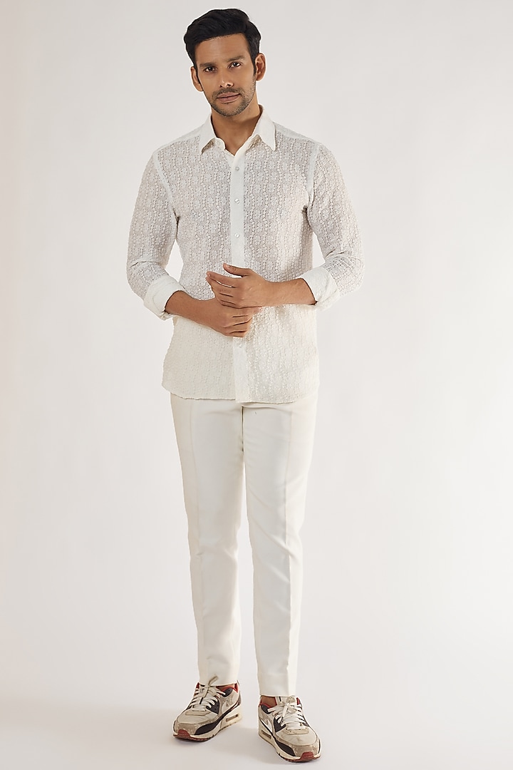 White Japanese Texture Trousers by Prima Czar
