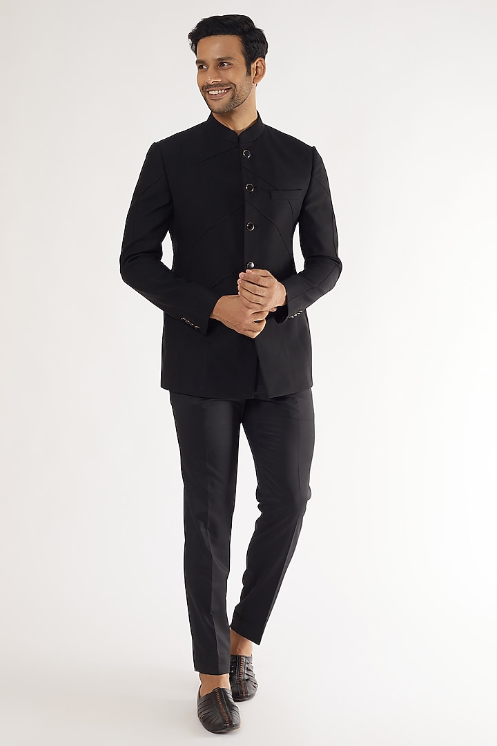 Black Wool Wedding Bandhgala Jacket by Prima Czar at Pernia's Pop Up Shop