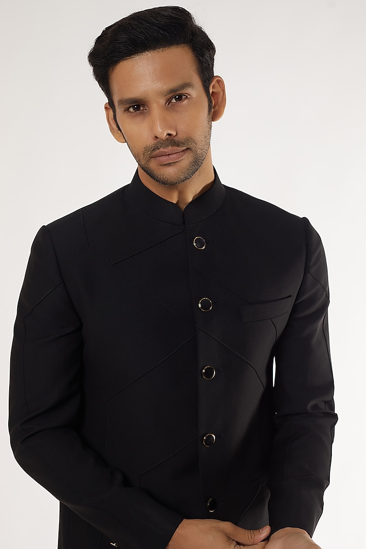 Black Wool Wedding Bandhgala Jacket by Prima Czar at Pernia's Pop Up Shop
