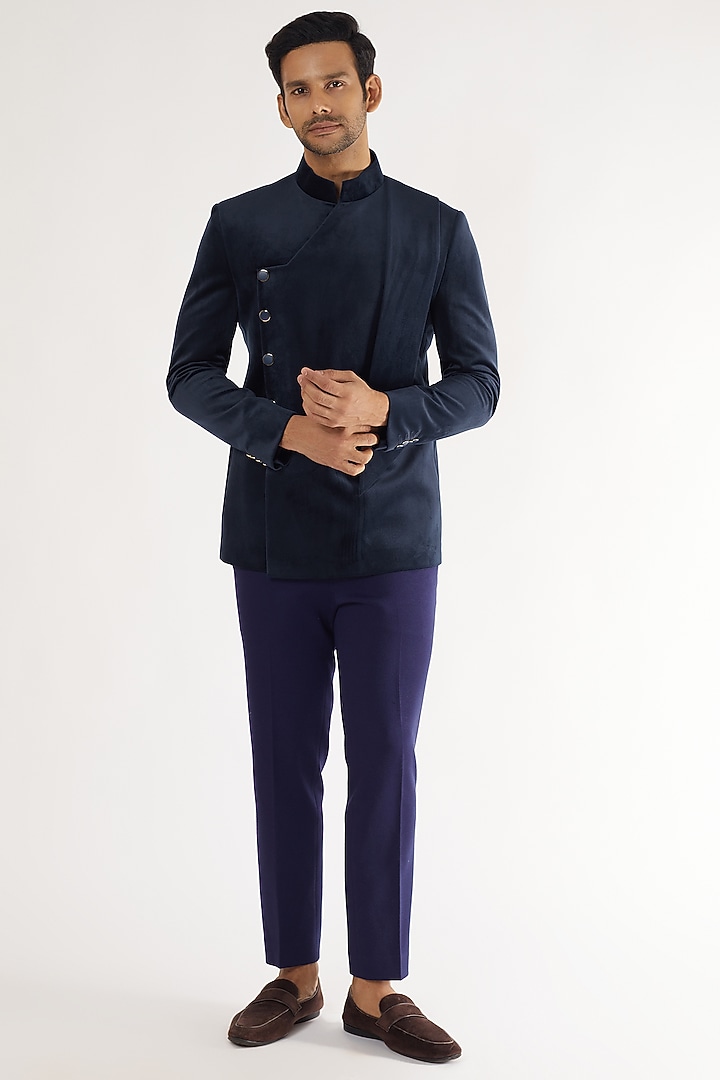 Blue Velvet Wedding Bandhgala Jacket by Prima Czar at Pernia's Pop Up Shop