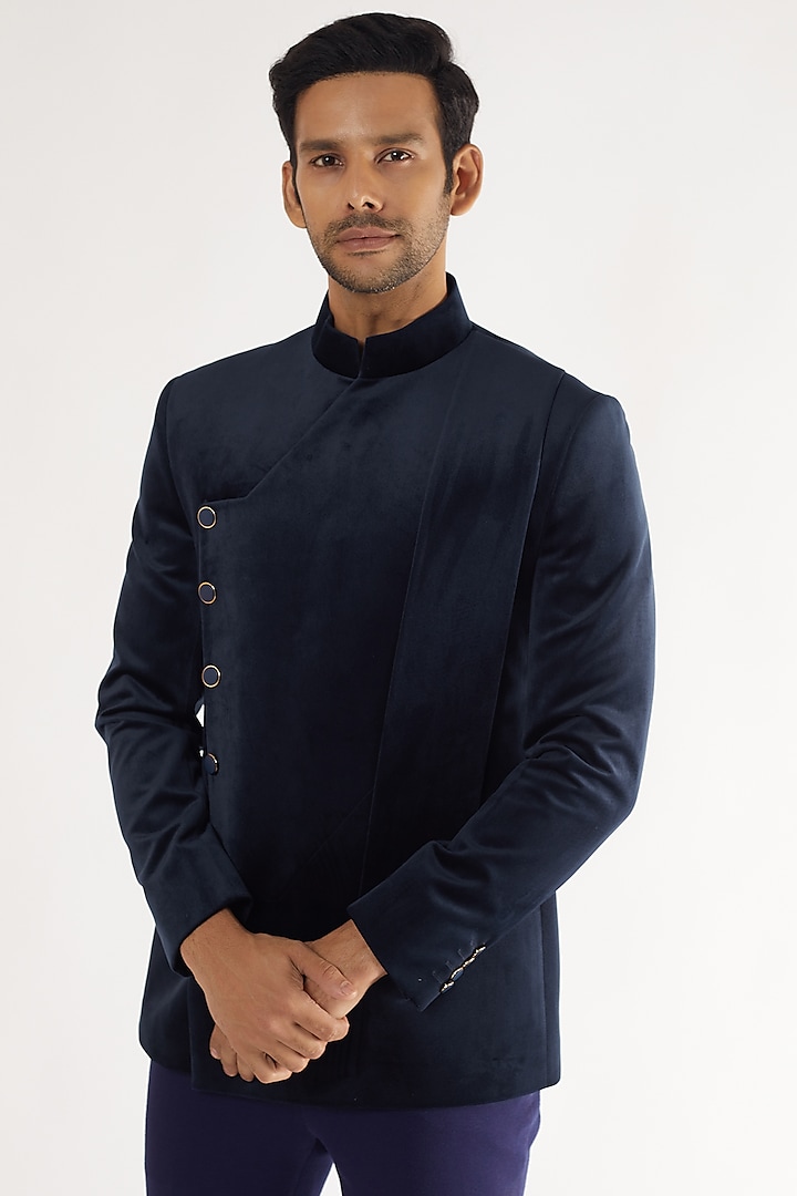 Blue Velvet Bandhgala Jacket by Prima Czar