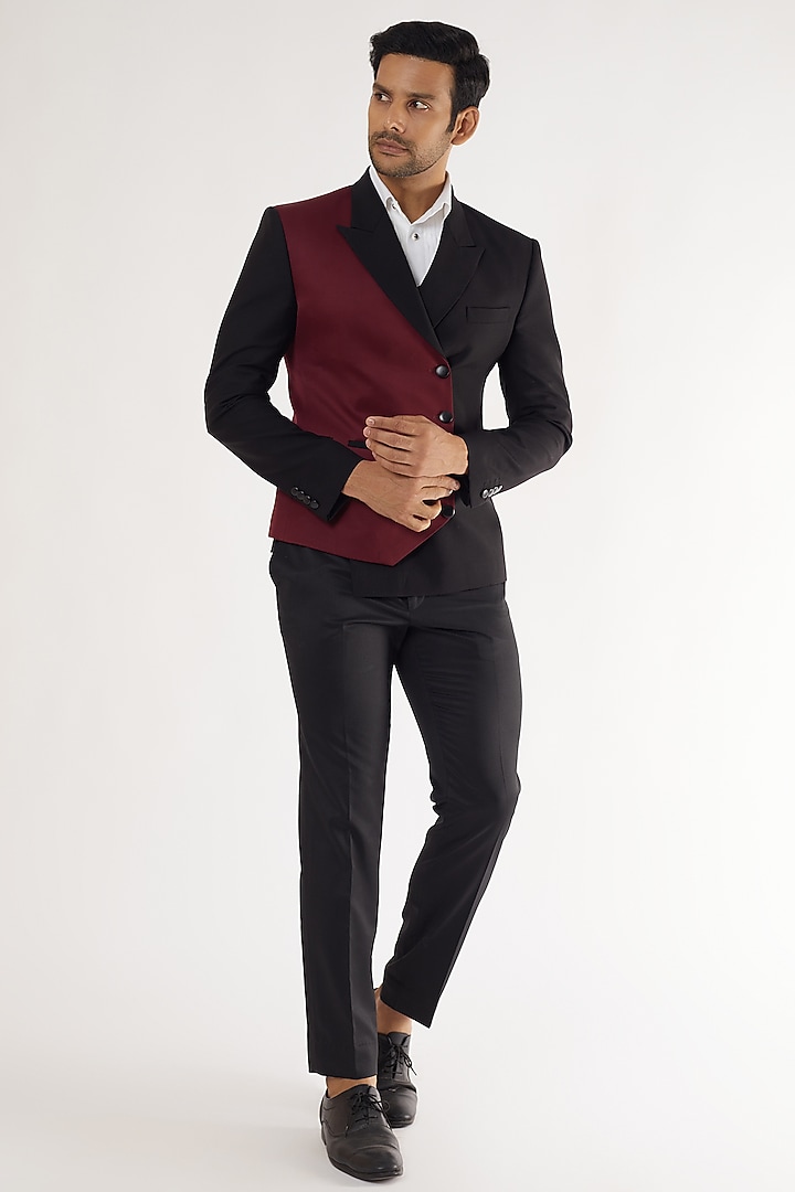 Black & Maroon Wool Blazer by Prima Czar at Pernia's Pop Up Shop