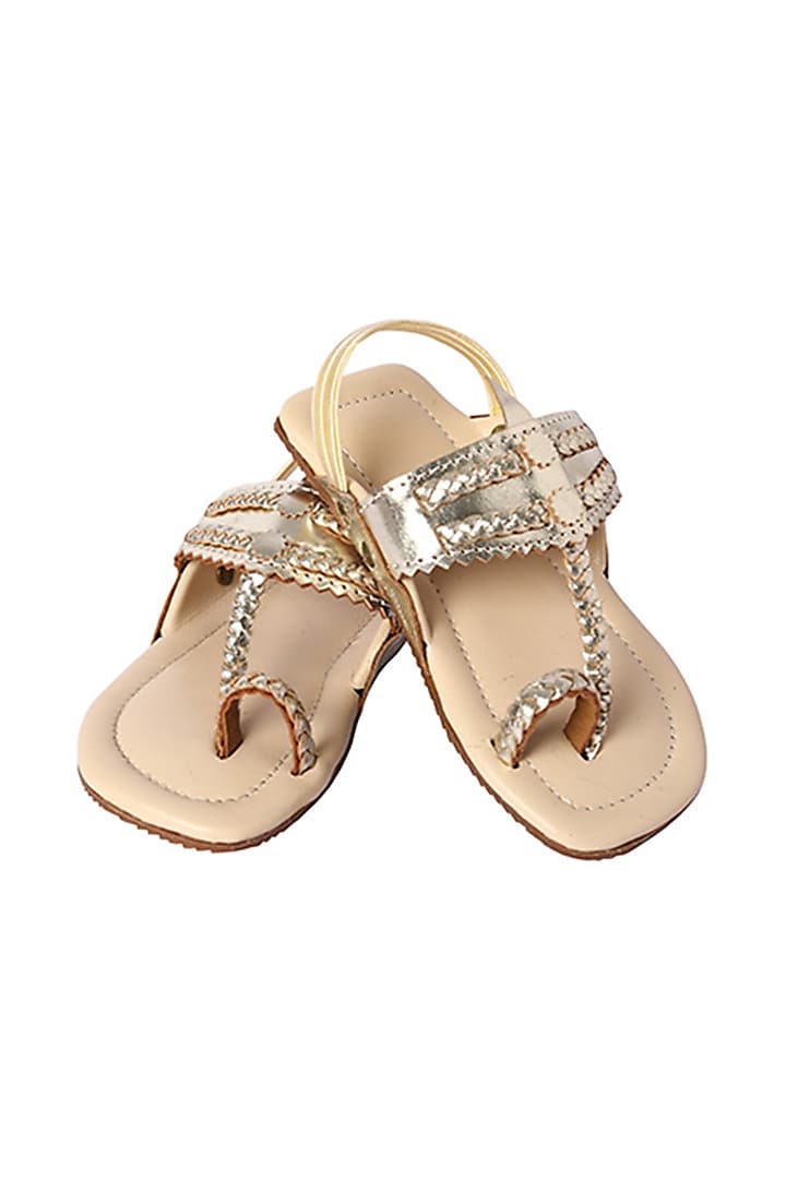 Muted Gold Leather Braided Kolhapuri Sandals For Girls by Pretty Random Design