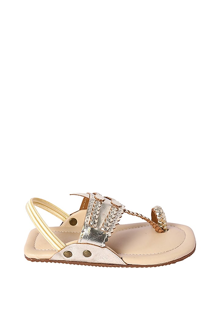 Muted Gold Leather Braided Kolhapuri Sandals For Girls by Pretty Random Design at Pernia's Pop Up Shop