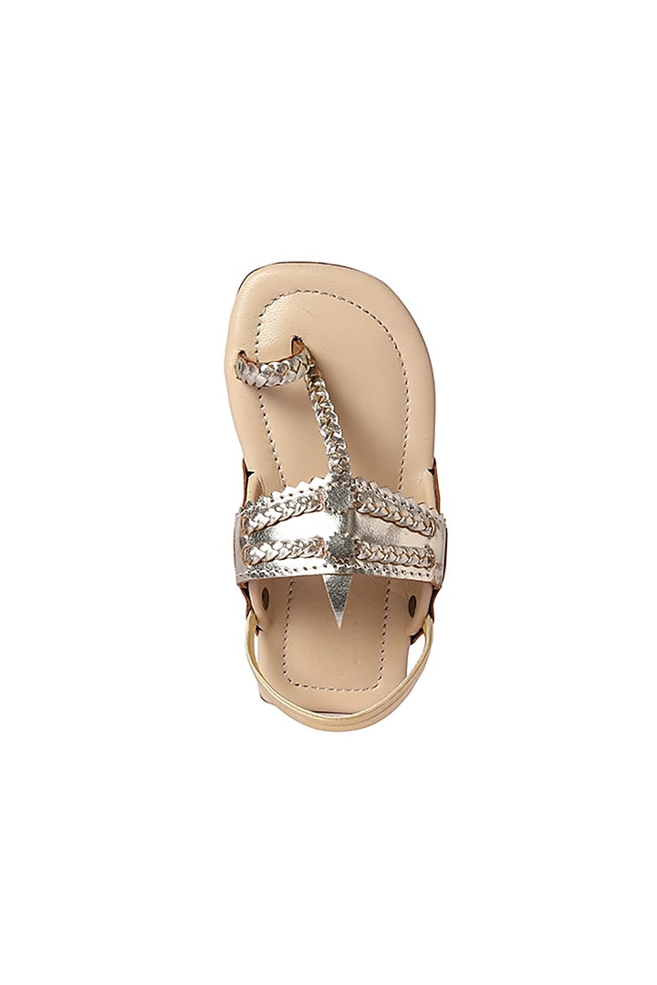 Muted Gold Leather Braided Kolhapuri Sandals For Girls by Pretty Random Design at Pernia's Pop Up Shop