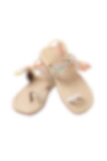White & Multi-Colored Leather Bow Embellished Sandals For Girls by Pretty Random Design