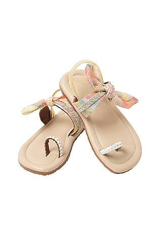 White & Multi-Colored Leather Bow Embellished Sandals For Girls by Pretty Random Design