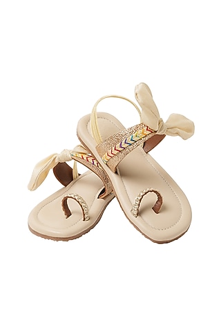 Off-White Leather Bow Sandals For Girls by Pretty Random Design