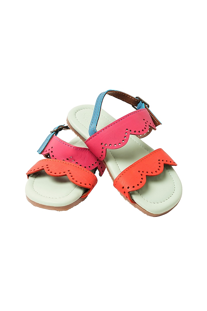 Green Leather Scalloped Sandals For Girls by Pretty Random Design