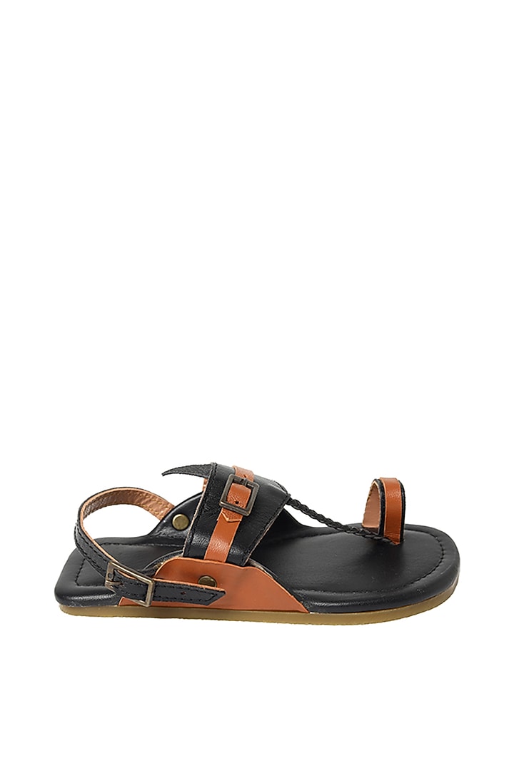 Black & Tan Leather Kolhapuri Sandals For Boys by Pretty Random Design at Pernia's Pop Up Shop