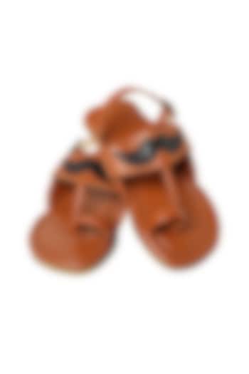 Tan Brown & Black Leather Moustache Kolhapuri Sandals For Boys by Pretty Random Design
