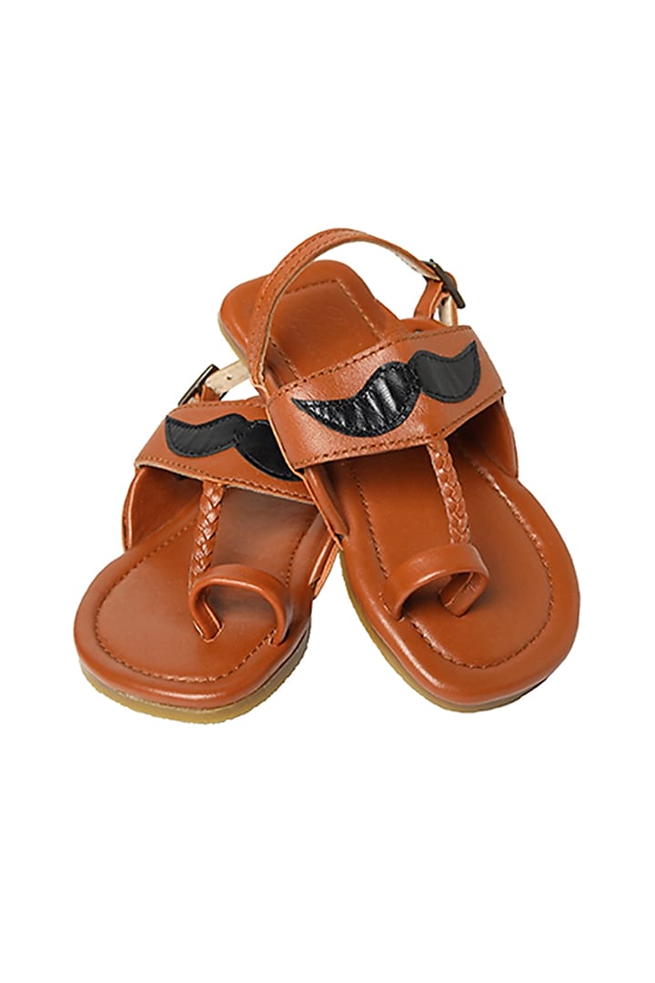 Tan Brown & Black Leather Moustache Kolhapuri Sandals For Boys by Pretty Random Design