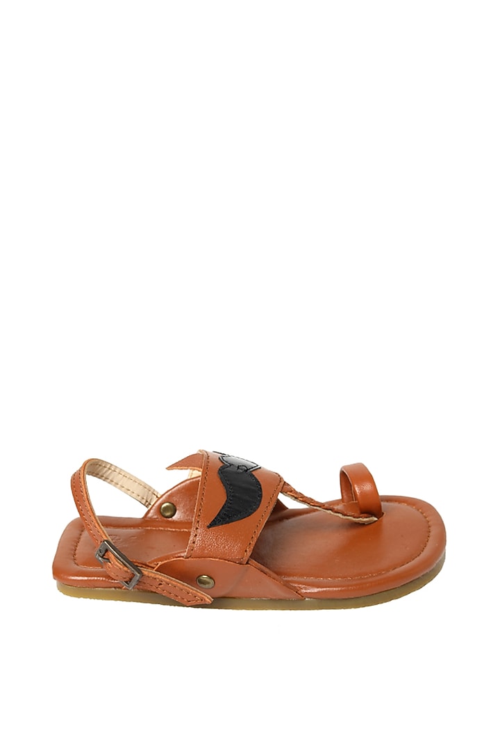 Tan Brown & Black Leather Moustache Kolhapuri Sandals For Boys by Pretty Random Design at Pernia's Pop Up Shop