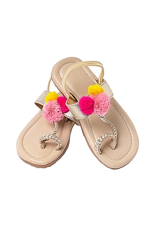 Muted Gold Leather Pom-Pom Embellished Kolhapuri Sandals for Girls by Pretty Random Design
