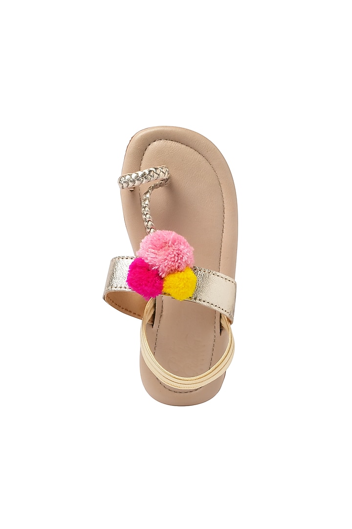 Muted Gold Leather Pom-Pom Embellished Kolhapuri Sandals for Girls by Pretty Random Design at Pernia's Pop Up Shop