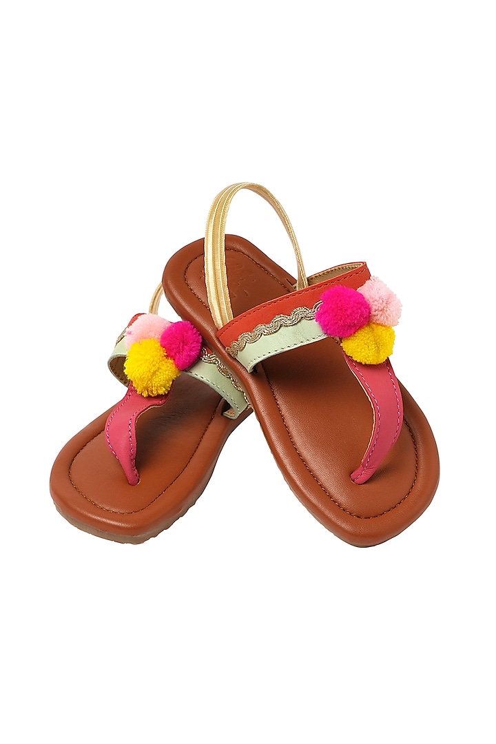 Brown Leather Pom-Pom Embellished Kolhapuri Sandals For Girls by Pretty Random Design