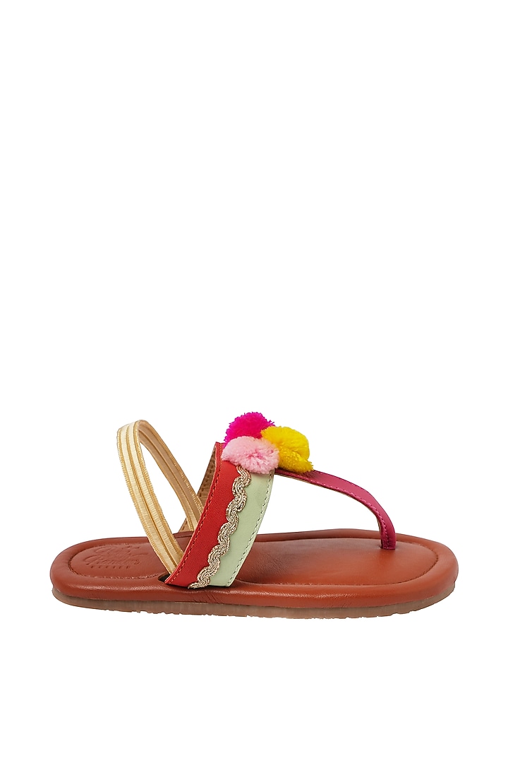 Brown Leather Pom-Pom Embellished Kolhapuri Sandals For Girls by Pretty Random Design at Pernia's Pop Up Shop