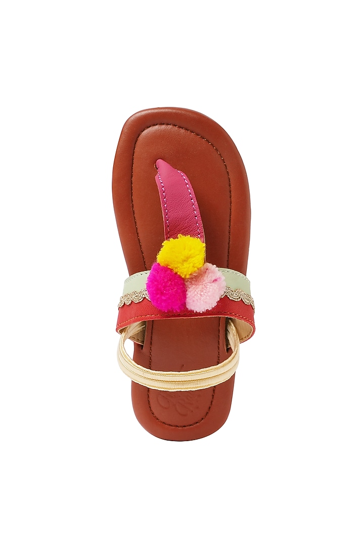 Brown Leather Pom-Pom Embellished Kolhapuri Sandals For Girls by Pretty Random Design at Pernia's Pop Up Shop