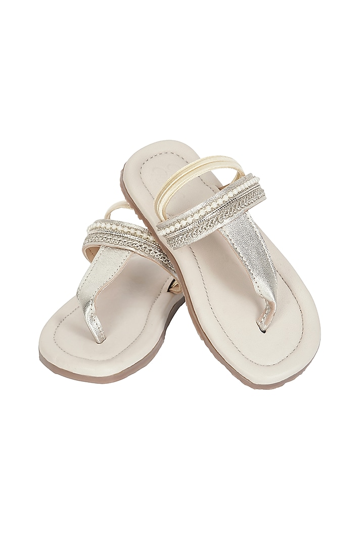 Gold Leather & Lace Pearl Embroidered Sandals For Girls by Pretty Random Design at Pernia's Pop Up Shop