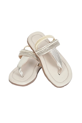 Gold Leather & Lace Pearl Embroidered Sandals For Girls by Pretty Random Design