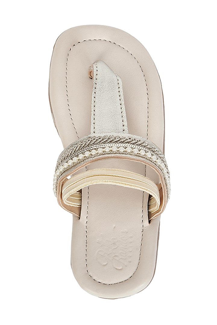 Gold Leather & Lace Pearl Embroidered Sandals For Girls by Pretty Random Design at Pernia's Pop Up Shop