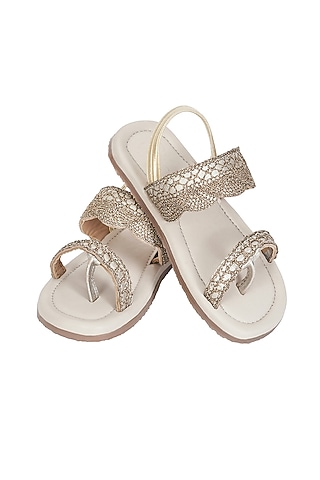 Gold Leather Embroidered Sandals For Girls by Pretty Random Design