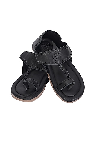 Black Leather Kolhapuri Shoes For Boys by Pretty Random Design