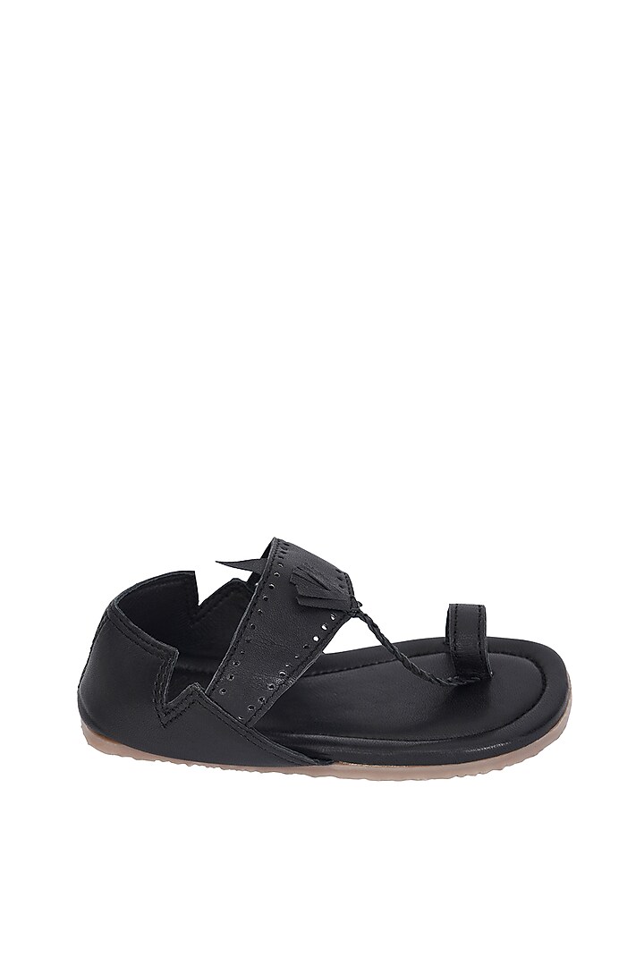 Black Leather Kolhapuri Shoes For Boys by Pretty Random Design at Pernia's Pop Up Shop