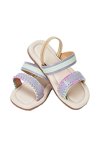 Purple & Green Leather Hand Embroidered Sandals For Girls. by Pretty Random Design
