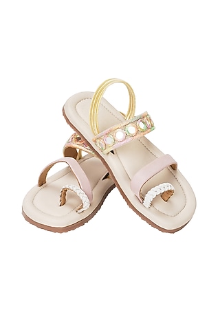 Pastel Pink Leather Mirror Embroidered Sandals For Girls. by Pretty Random Design