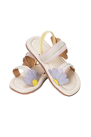 Multi-Colored Leather Floral Embroidered Sandals For Girls by Pretty Random Design