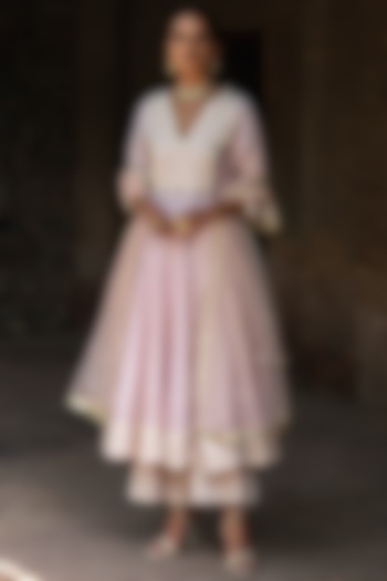 Onion Pink Chanderi Silk Threadwork Party Wear Anarkali Set by PREEVIN at Pernia's Pop Up Shop