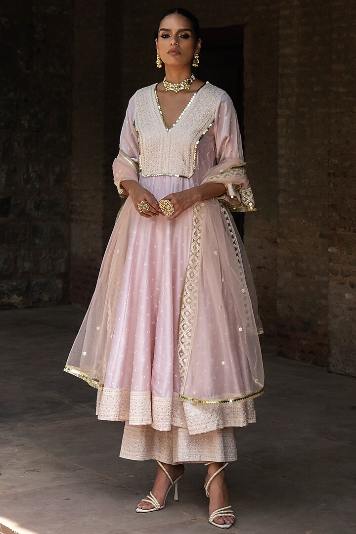 Onion Pink Chanderi Silk Threadwork Party Wear Anarkali Set by PREEVIN at Pernia's Pop Up Shop