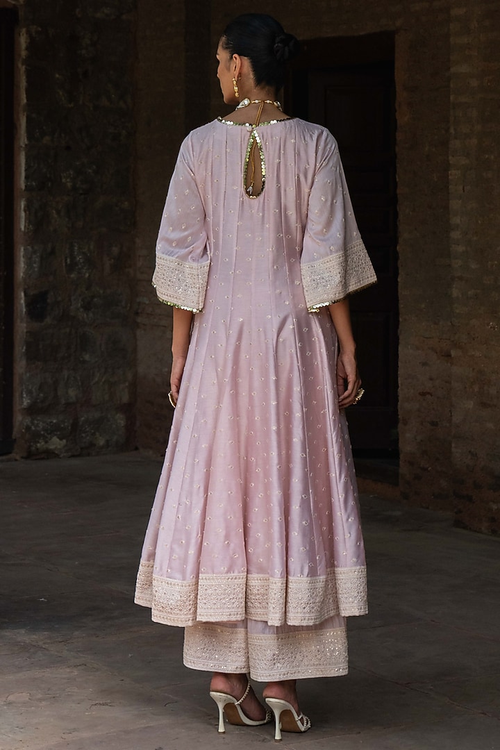 Onion Pink Chanderi Silk Threadwork Party Wear Anarkali Set by PREEVIN at Pernia's Pop Up Shop