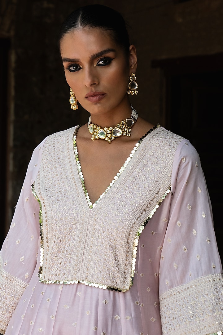 Onion Pink Chanderi Silk Threadwork Party Wear Anarkali Set by PREEVIN at Pernia's Pop Up Shop
