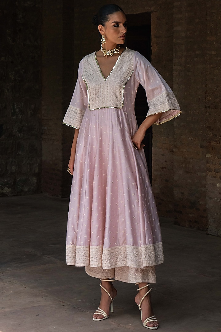 Onion Pink Chanderi Silk Threadwork Party Wear Anarkali Set by PREEVIN at Pernia's Pop Up Shop