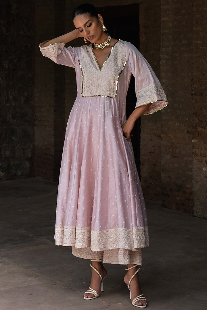 Onion Pink Chanderi Silk Threadwork Party Wear Anarkali Set by PREEVIN at Pernia's Pop Up Shop