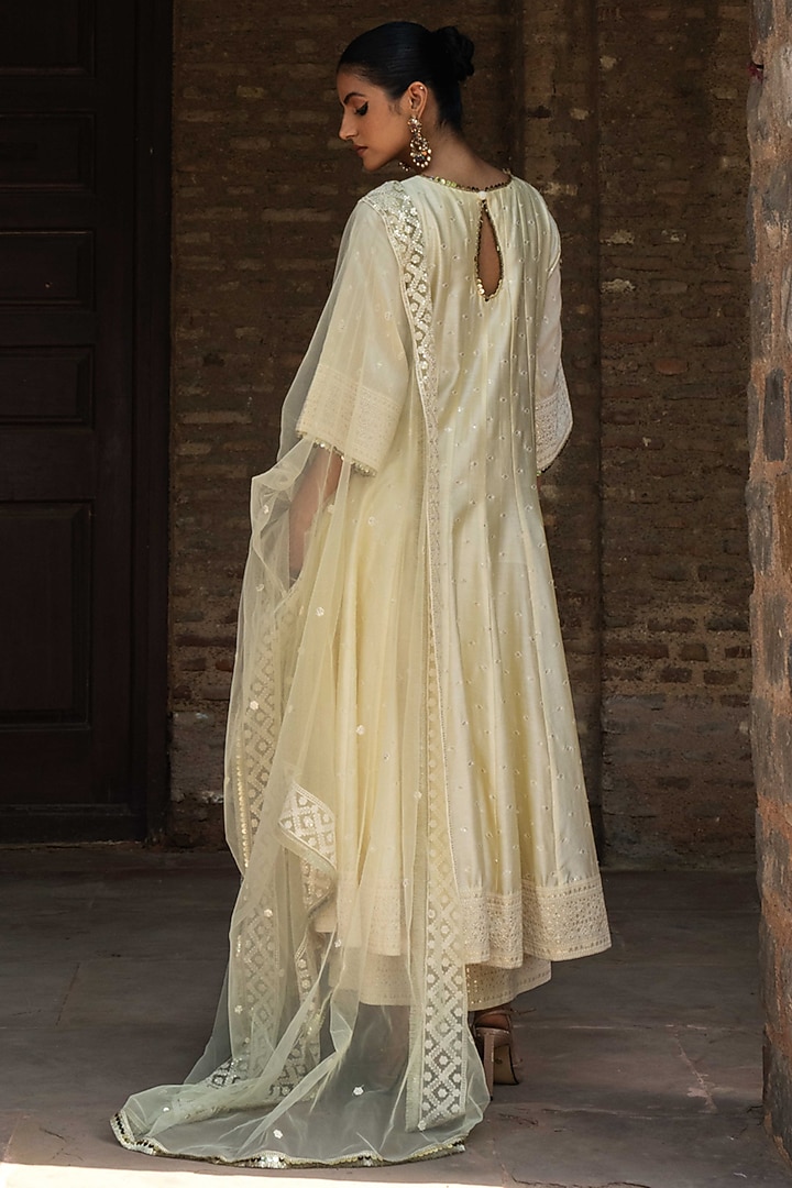 Lemon Yellow Chanderi Silk Threadwork Party Wear Anarkali Set by PREEVIN at Pernia's Pop Up Shop