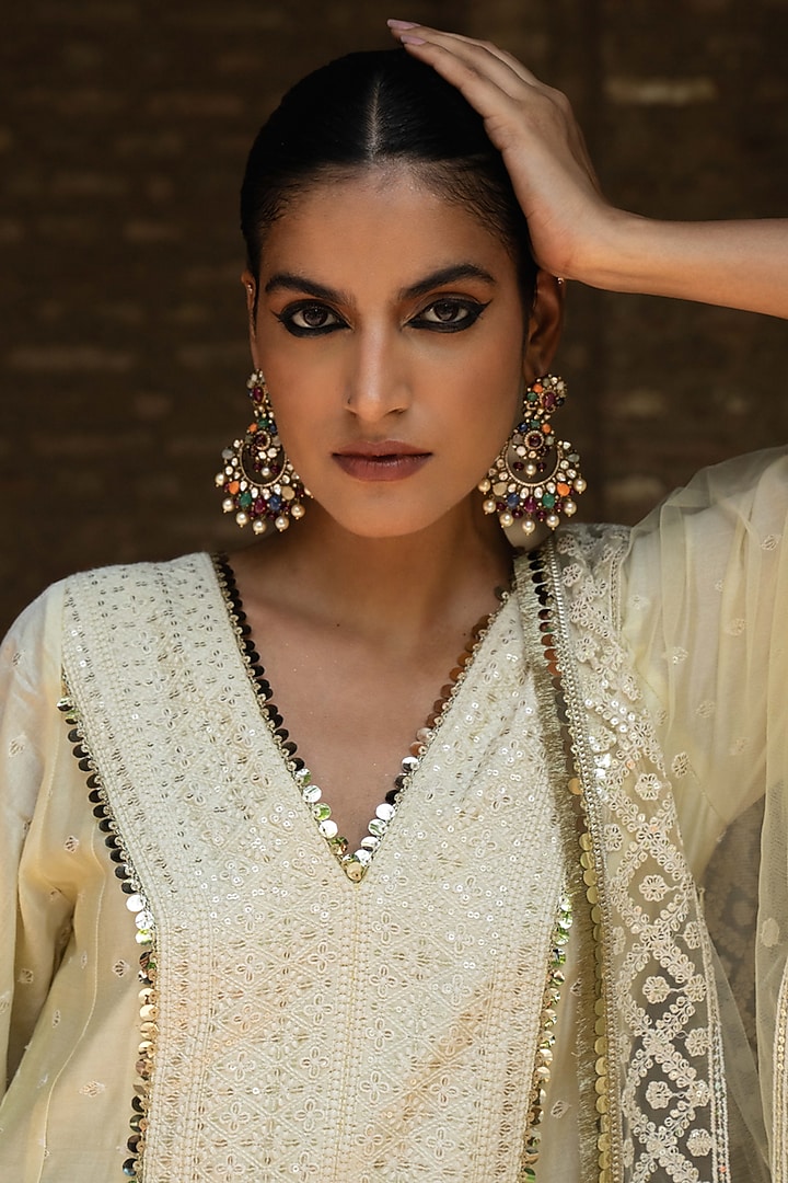 Lemon Yellow Chanderi Silk Threadwork Party Wear Anarkali Set by PREEVIN at Pernia's Pop Up Shop