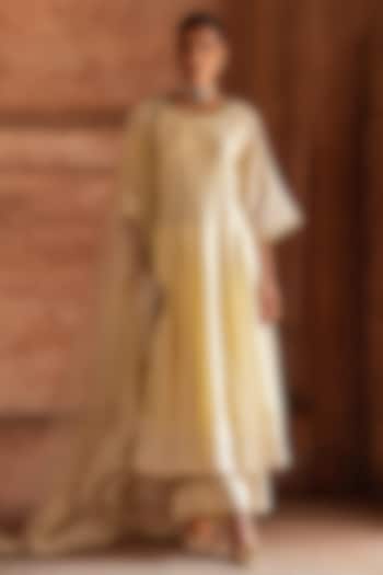 Lemon Yellow Chanderi Silk Threadwork Party Wear Anarkali Set by PREEVIN at Pernia's Pop Up Shop